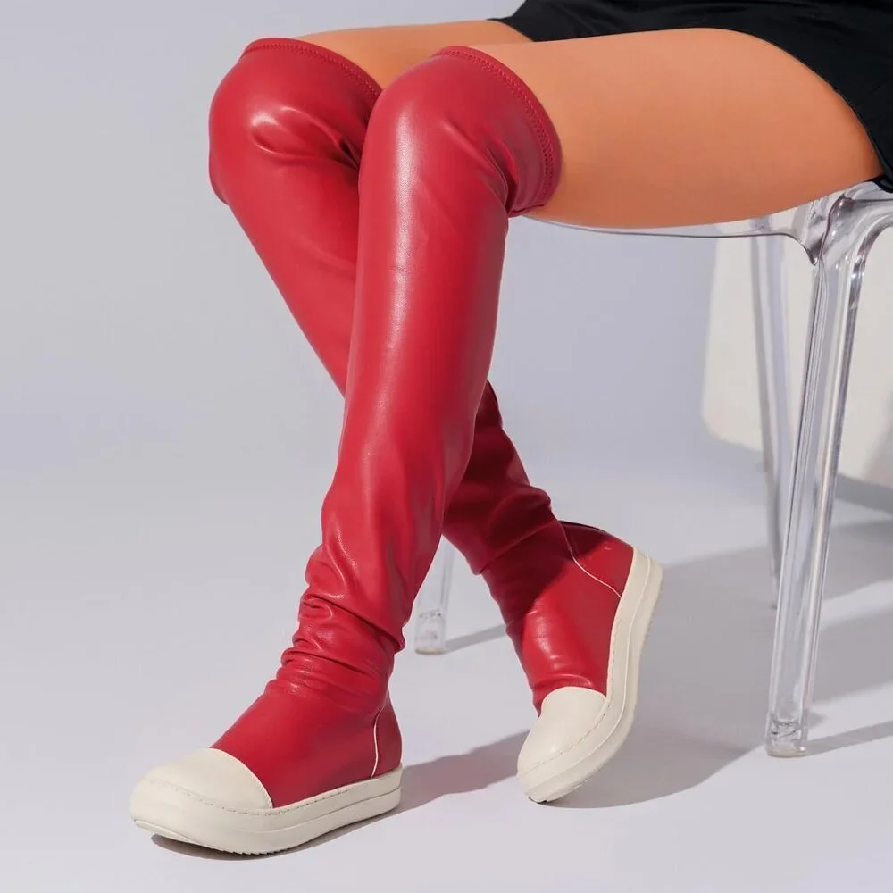 Women Red Polyurethane (PU) Flat Over The Knee Round Toe Thigh High Boots